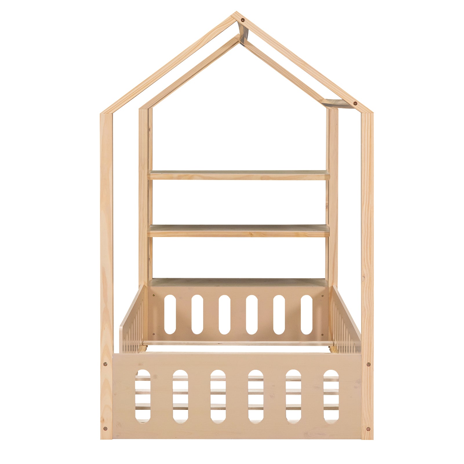 Twin Size Wood House Bed with Fence and Detachable Storage Shelves, Natural - Atlantic Fine Furniture Melbourne FL
