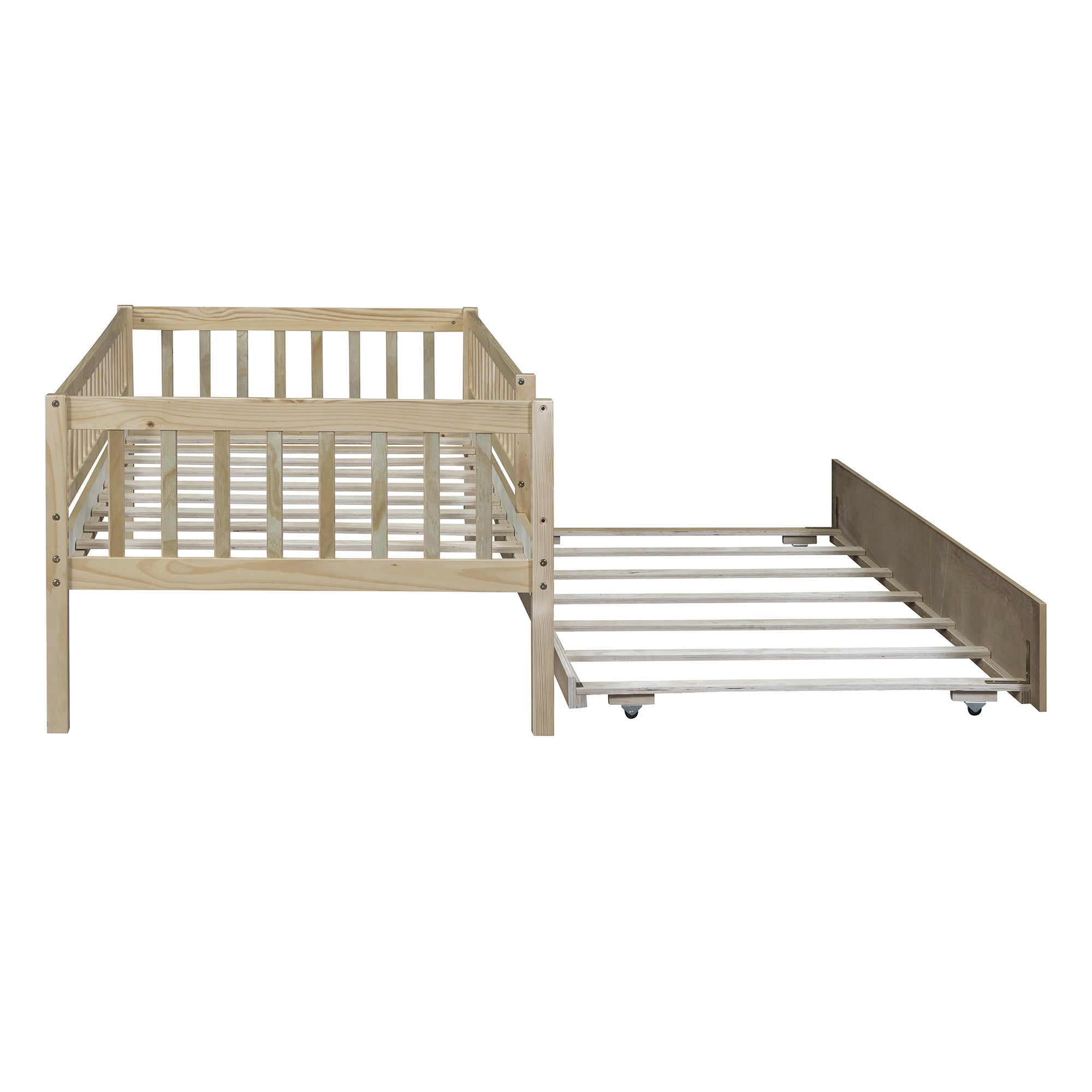 Twin Size Wood Daybed with Trundle and Fence Guardrails, Natural - Atlantic Fine Furniture Melbourne FL
