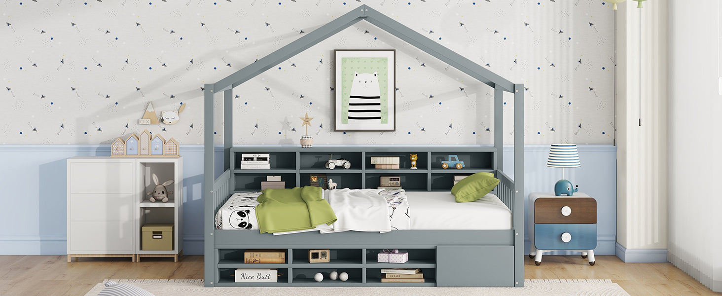 Twin Size Wooden House Bed with Shelves and a Mini-cabinet, Gray - Atlantic Fine Furniture Melbourne FL