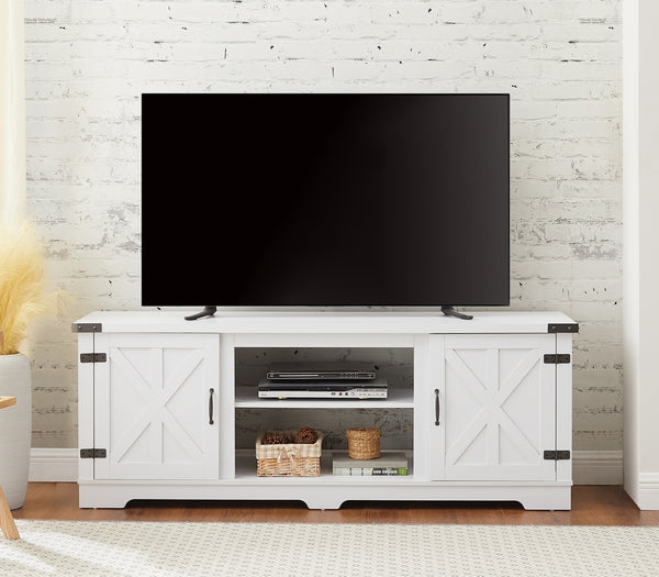 Modern Farmhouse TV Media Stand, Large Barn Inspired Home Entertainment Console, for TV Up to 70'', with Open Shelves and Closed Cabinets, White, 64.8"W*15.67"D*24.29"H