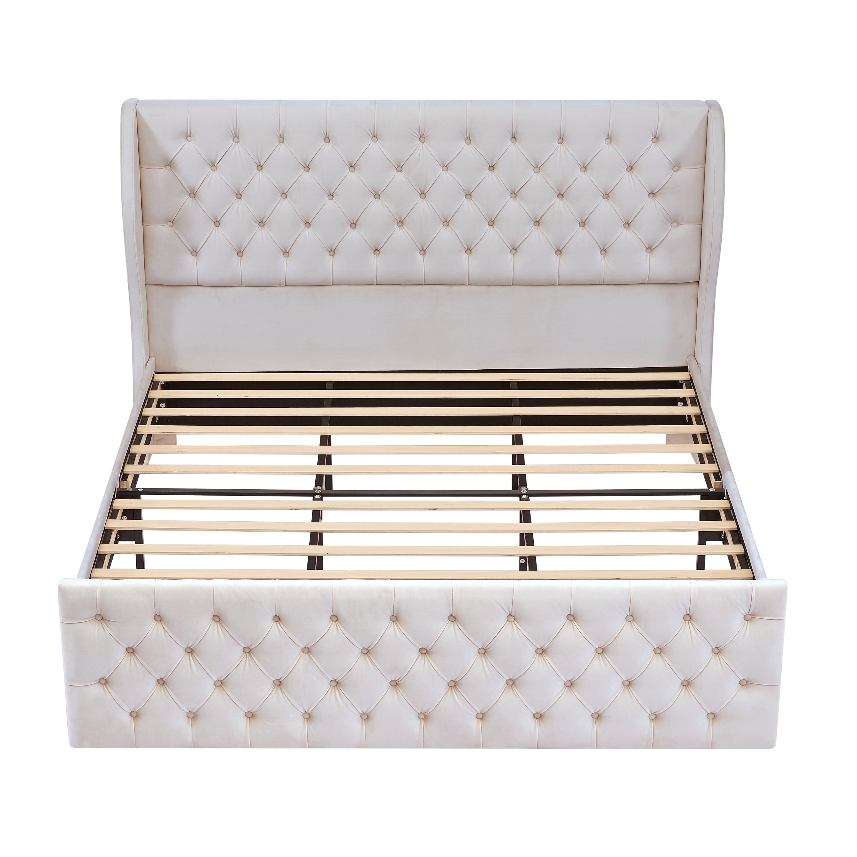 King Size Platform Bed Frame, Velvet Upholstered Sleigh Bed with Scroll Wingback Headboard & Footboard/Button Tufted/No Box Spring Required/Easy Assembly-White - Atlantic Fine Furniture Melbourne FL