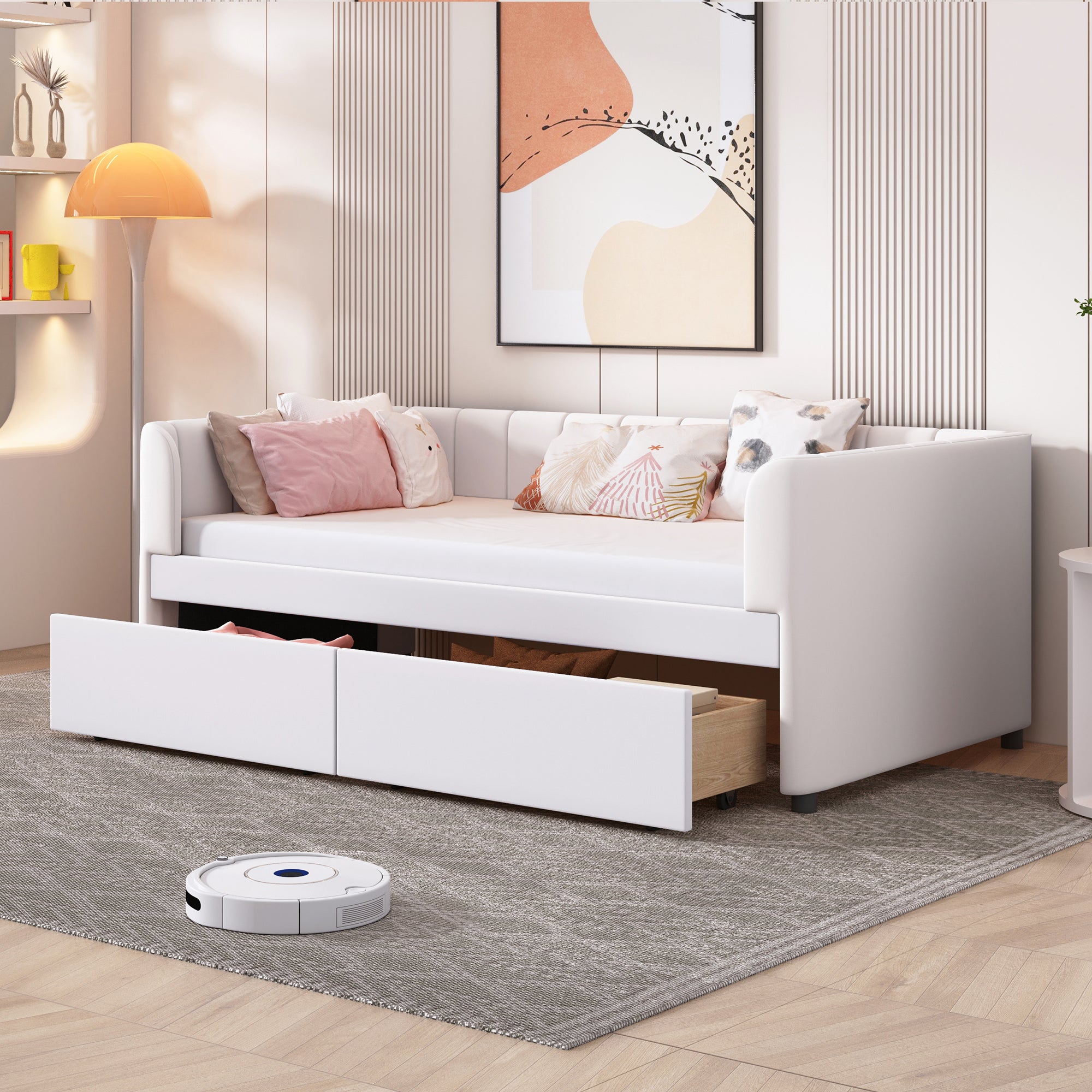 Twin Size Upholstered Daybed with Ergonomic Design Backrest and 2 Drawers, Beige - Atlantic Fine Furniture Melbourne FL