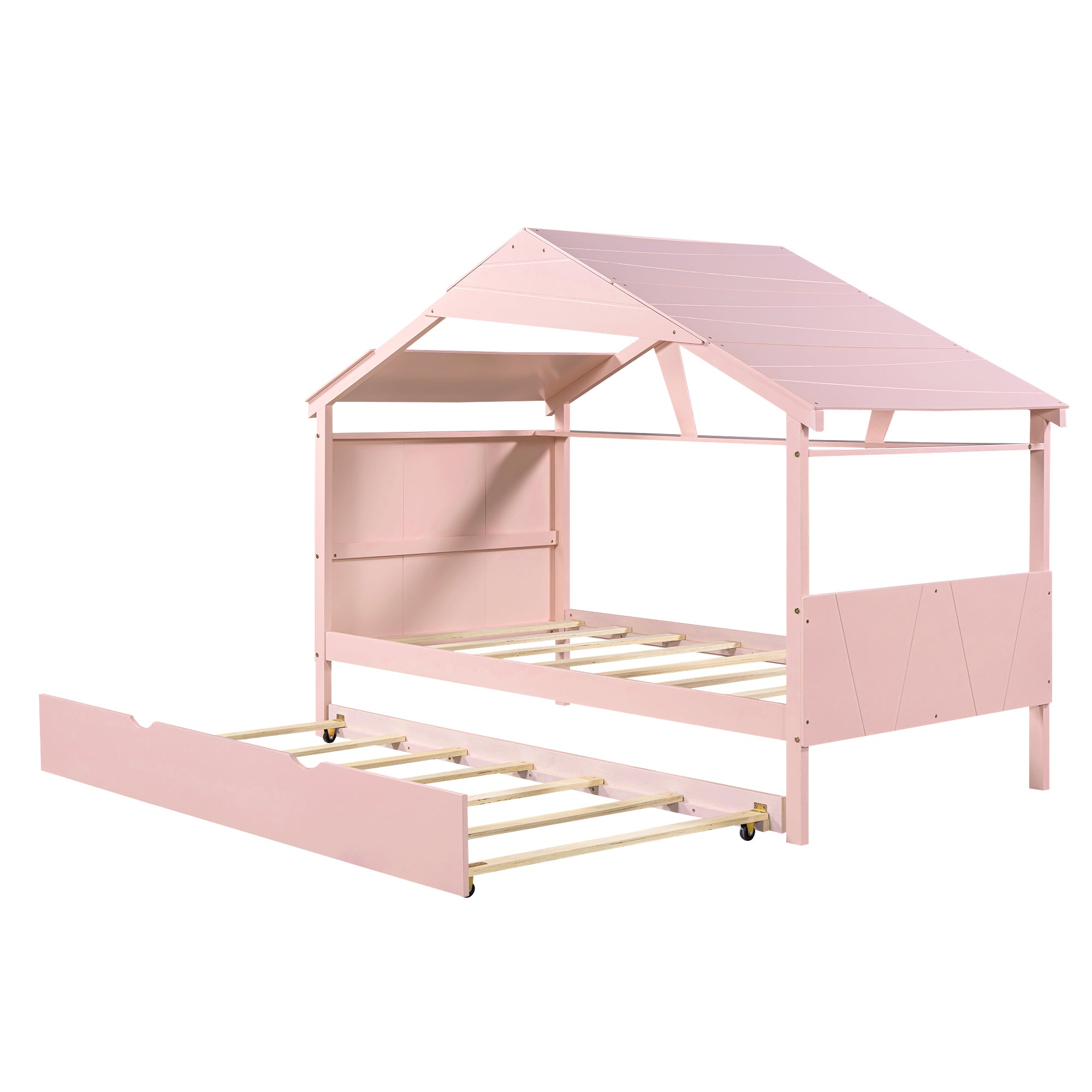 Wood Twin Size House Bed with Trundle and Storage, Pink - Atlantic Fine Furniture Melbourne FL