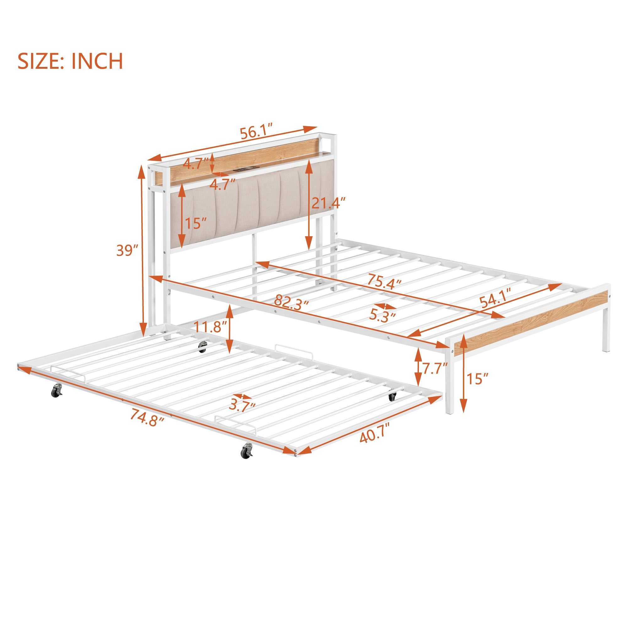 Full Size Metal Platform Bed Frame with Twin size trundle, Upholstered headboard, Sockets, USB Ports and Slat Support, No Box Spring Needed, White - Atlantic Fine Furniture Melbourne FL