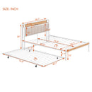 Full Size Metal Platform Bed Frame with Twin size trundle, Upholstered headboard, Sockets, USB Ports and Slat Support, No Box Spring Needed, White