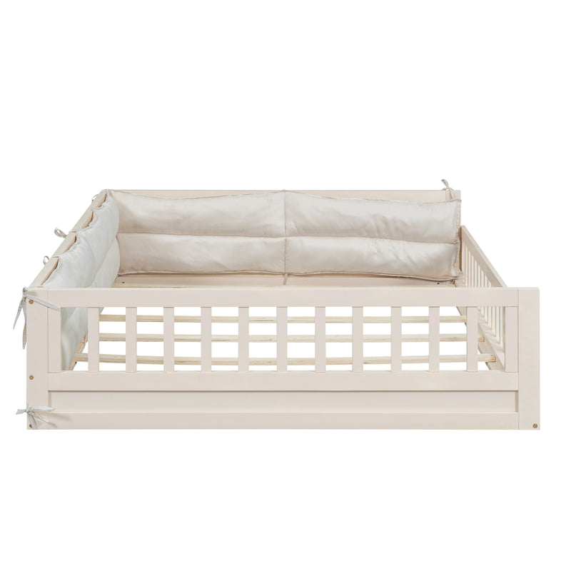 Wood Full Size Upholstered Platform Bed with Guardrail and Pillow, Beige