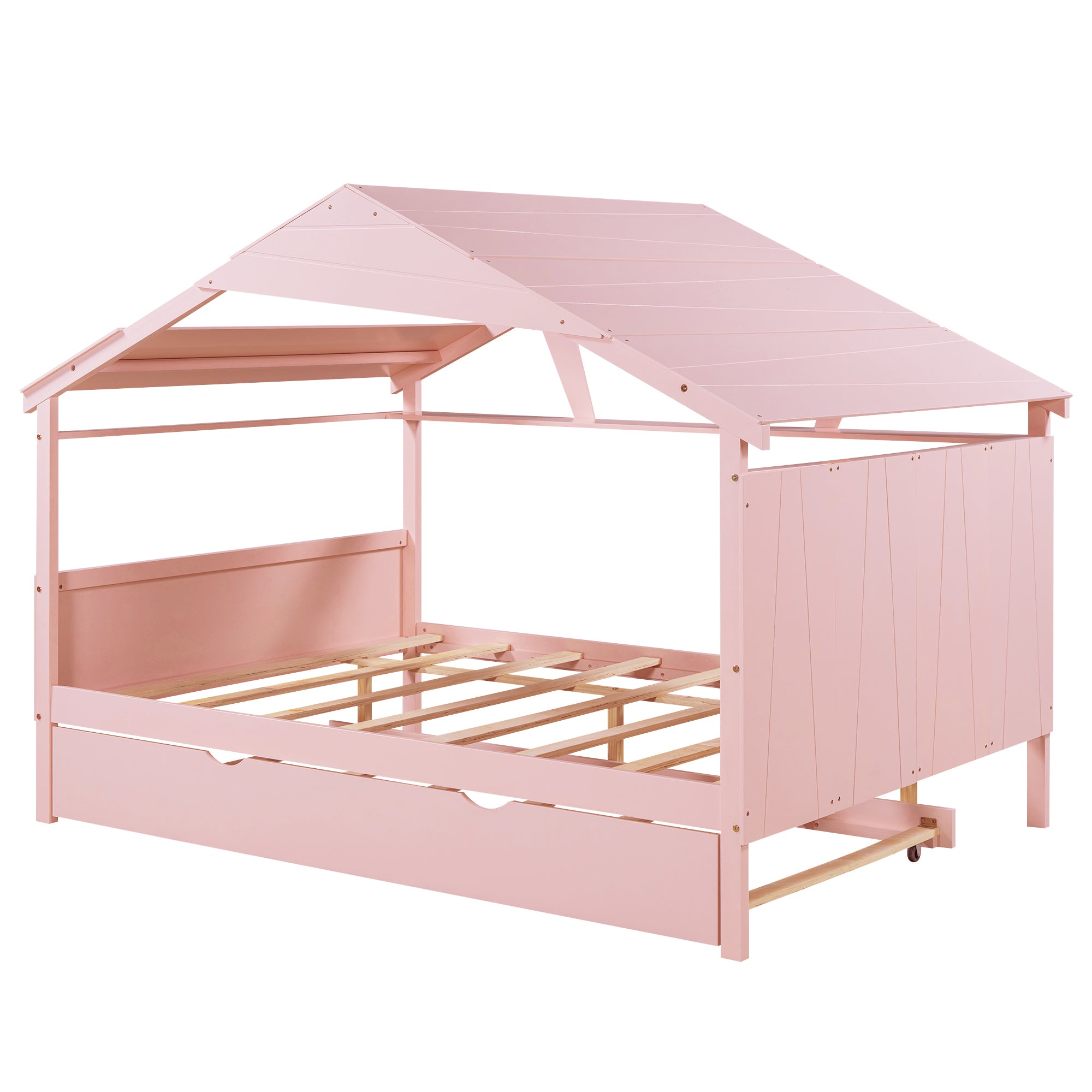 Wood Full Size House Bed with Twin Size Trundle and Storage, Pink - Atlantic Fine Furniture Melbourne FL