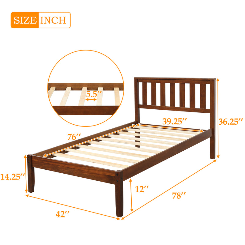 Wood Platform Bed with Headboard/Wood Slat Support.Twin (Walnut)