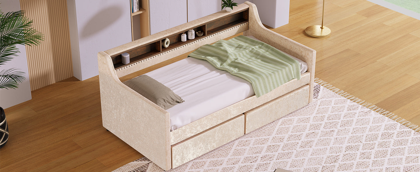 Twin Size Snowflake Velvet Daybed with Two Storage Drawers and Built-in Storage Shelves,Beige - Atlantic Fine Furniture Melbourne FL