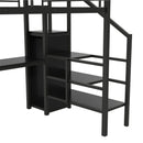 Full Size Loft Bed With Desk, Storage Staircase, Small Wardrobe And LED Light - Black