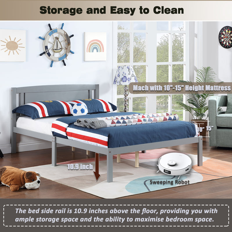 Full Size Bed, Wood Platform Bed Frame with Headboard For Kids, Slatted, Gray