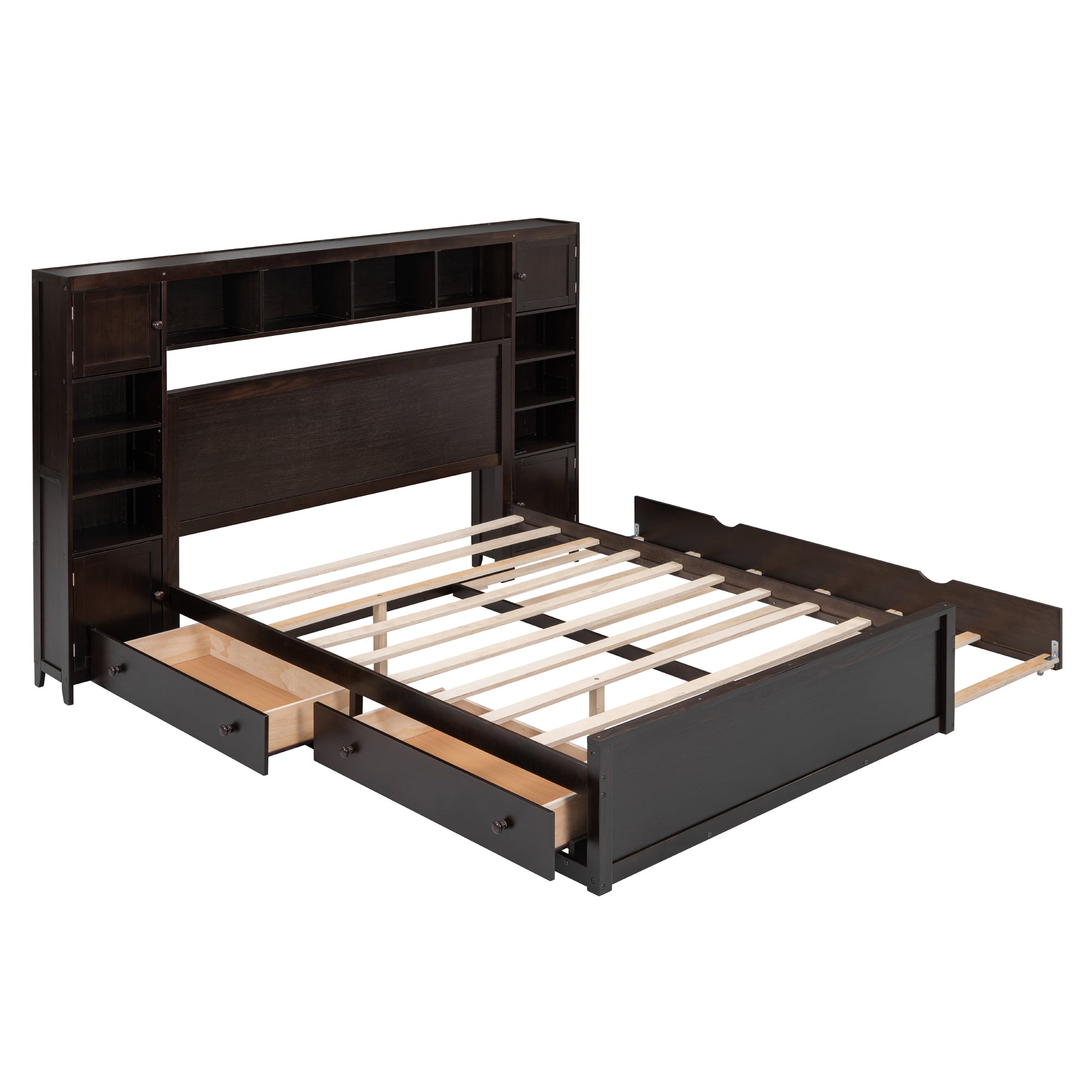 Queen Size Wooden Bed With All-in-One Cabinet, Shelf and Sockets, Espresso - Atlantic Fine Furniture Melbourne FL