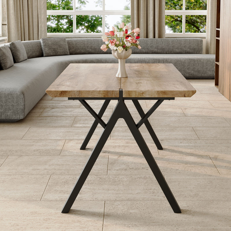 Wood Textured Dining Table With A Frame Legs.Density Board Sticker Pipe Spraying, Suitable For Various Occasions Such As Living Rooms - Black