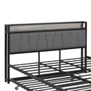 Queen Size Metal Platform Bed Frame with Twin size trundle, Upholstered headboard, Sockets, USB Ports and Slat Support, No Box Spring Needed, Black