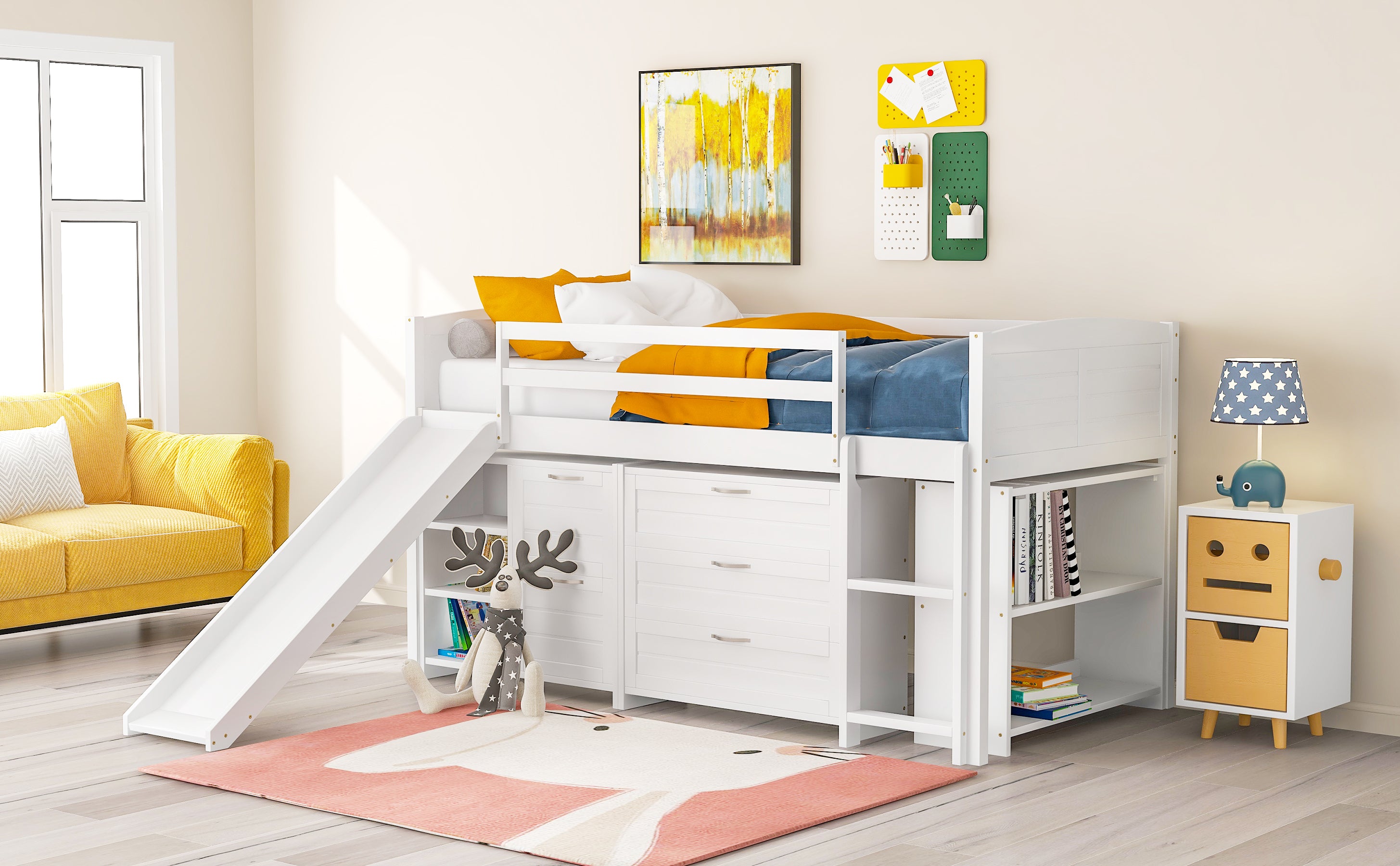 Low Twin Size Loft Bed with Cabinets, Shelves and Slide - White(OLD SKU :LP000503AAK) - Atlantic Fine Furniture Melbourne FL