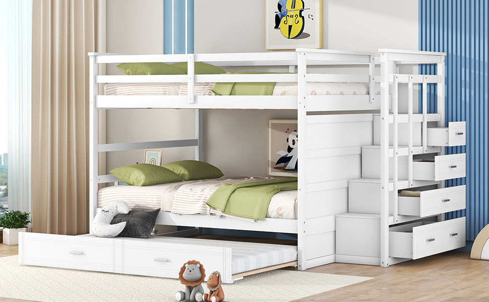 Full Over Full Bunk Bed with Twin Size Trundle and Staircase, White - Atlantic Fine Furniture Melbourne FL
