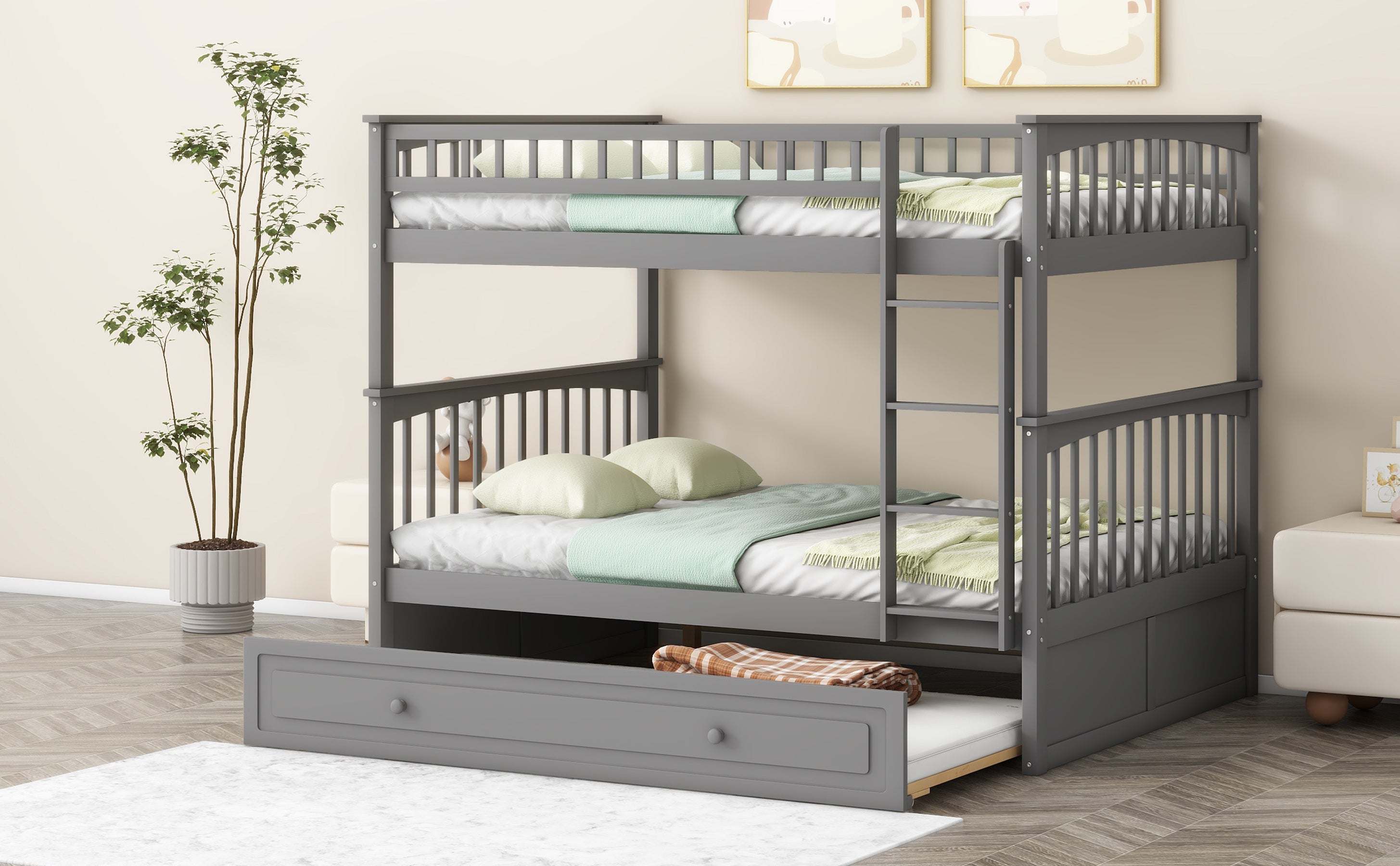 Full over Full Bunk Bed with Twin Size Trundle, Convertible Beds, Gray - Atlantic Fine Furniture Melbourne FL
