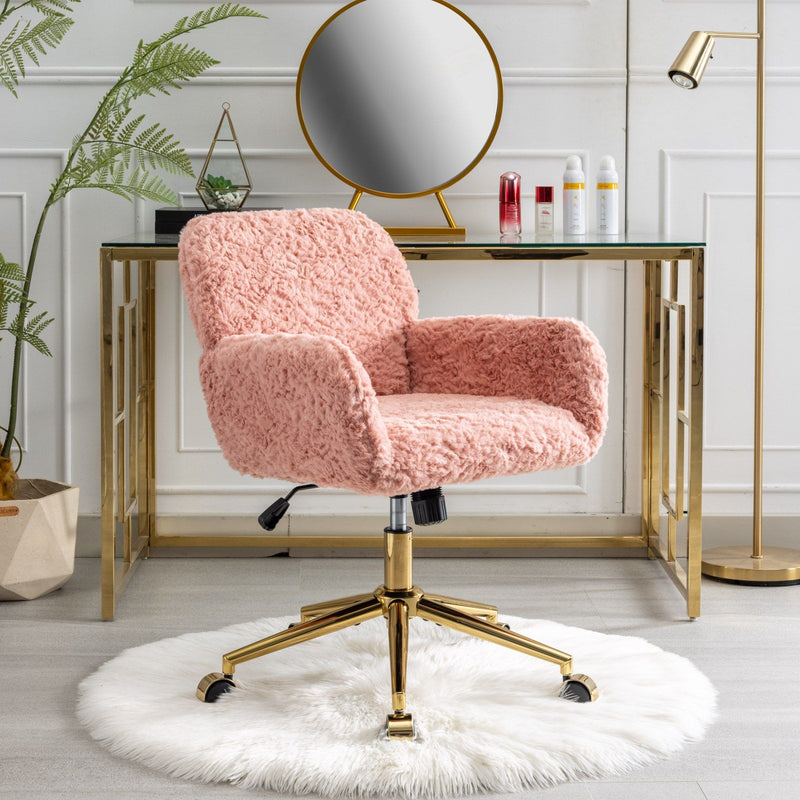 Office Chair, Artificial Rabbit Hair Home Office Chair With Golden Metal Base, Adjustable Desk Chair Swivel Office Chair, Vanity Chair