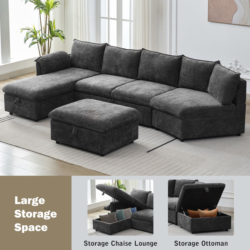 L-Shaped Sofa Sectional Sofa Couch Pull-Out Sofa Bed With A Movable Storage Ottoman, A Storage Chaise Lounge And Two USB Ports For Living Room