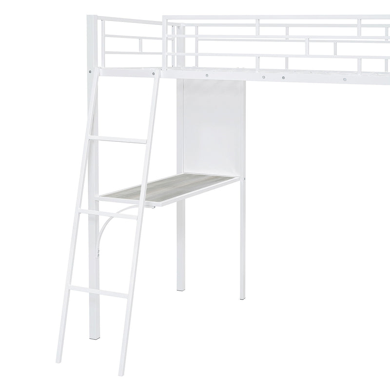 Loft Metal Bed With 3 Layers Of Shelves And Desk, Stylish Metal Frame Bed With Whiteboard