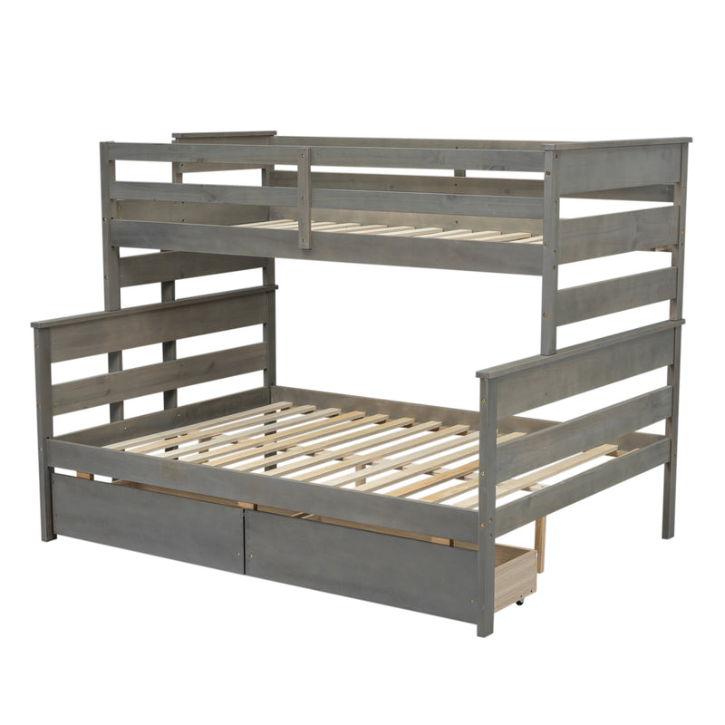 Wood Twin over Full Bunk Bed with 2 Drawers, Gray