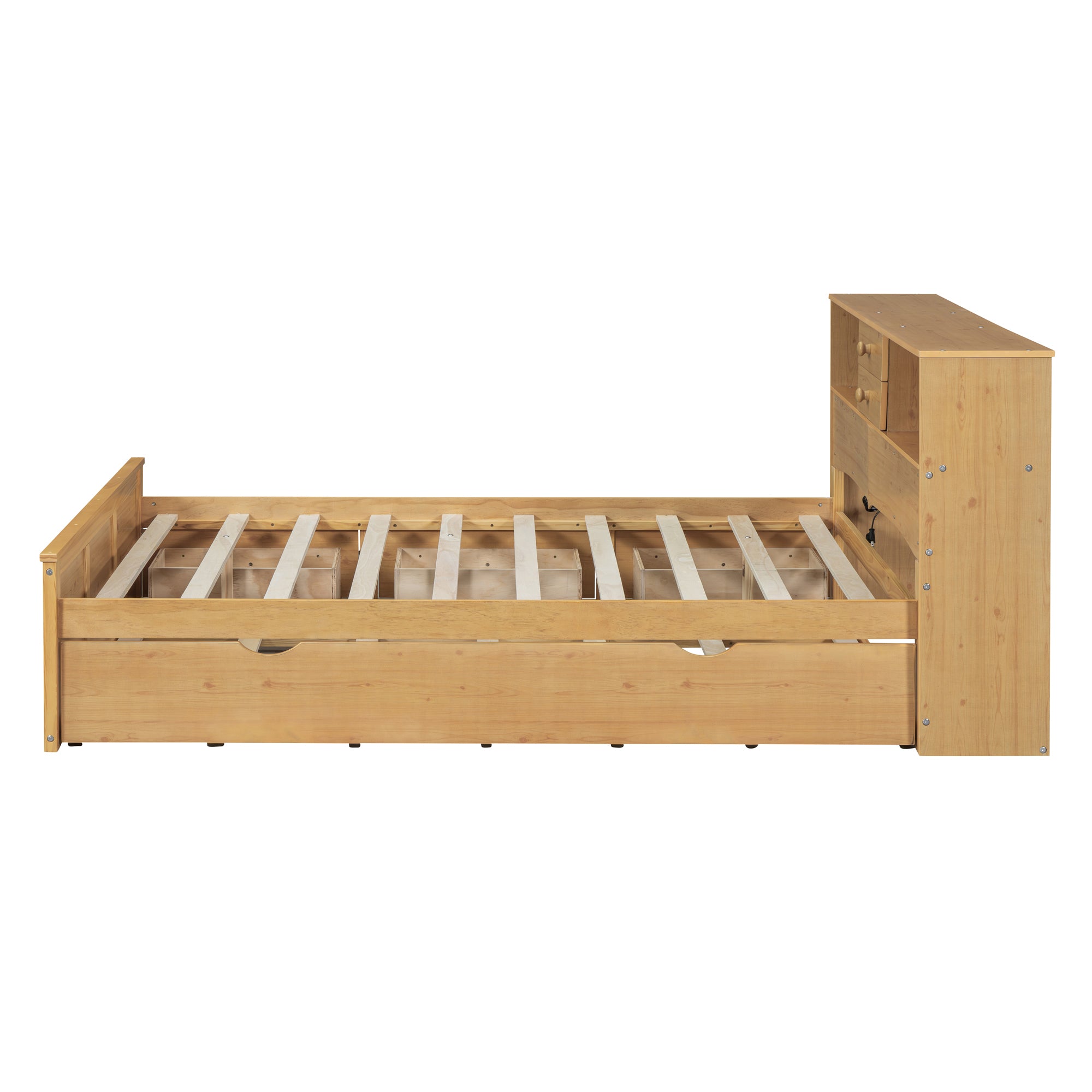 Full Size Wood Pltaform Bed with Twin Size Trundle, 3 Drawers, Upper Shelves and a set of USB Ports & Sockets, Natural - Atlantic Fine Furniture Melbourne FL