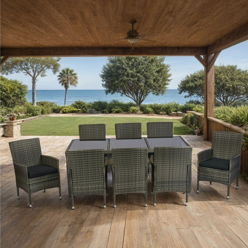 9 Piece Outdoor Patio Wicker Dining Set Patio Wicker Furniture Dining Set Glass Top - Gray / Black