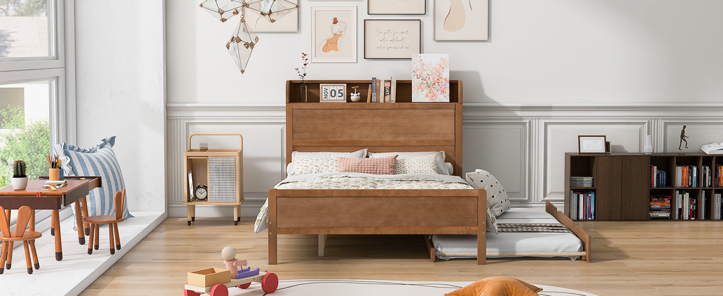 Full Size Platform Bed with Storage Headboard and Twin Size Trundle, Walnut - Atlantic Fine Furniture Melbourne FL