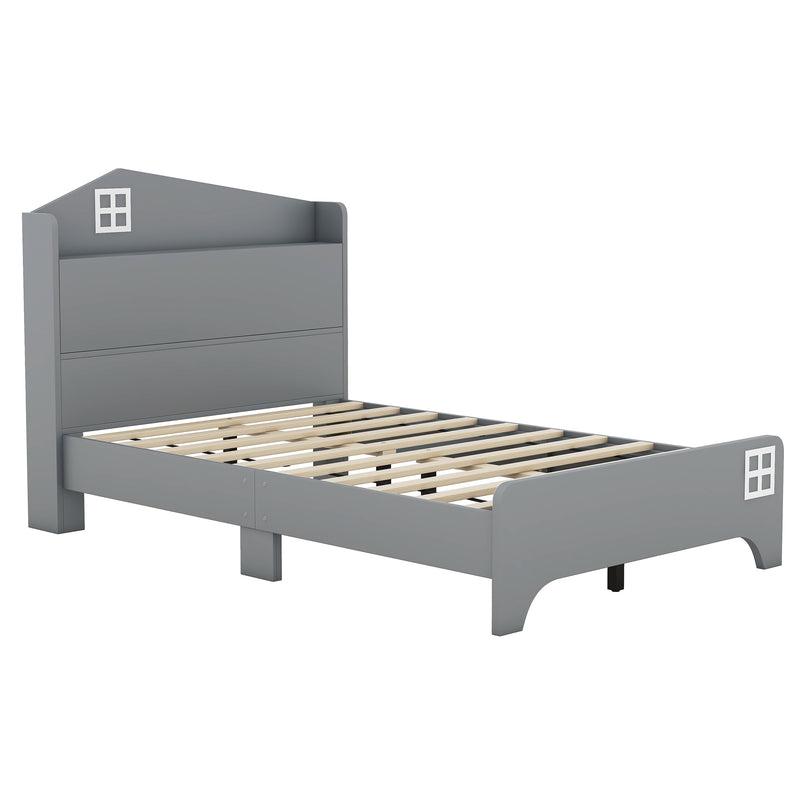 Wooden Twin Size House Bed with Storage Headboard ,Kids Bed with Storage Shelf,Grey