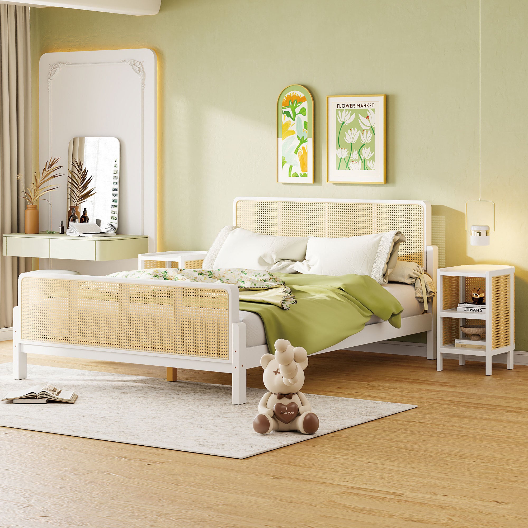3 Pieces Rattan Platform Full Size Bed With 2 Nightstands,White - Atlantic Fine Furniture Melbourne FL