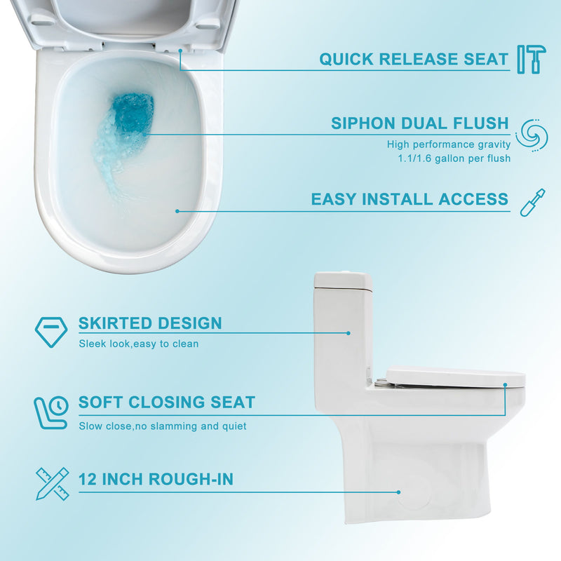 1 Piece Toilet For Bathroom, Dual Flush 1.1 / 1.6 Gpf, Soft Closing Seat - White