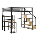 Full Size Metal Loft bed with Staircase, Built-in Desk and Shelves, Black