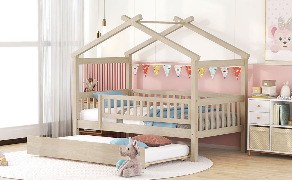 Twin Size Wooden House Bed with Twin Size Trundle, Natural - Atlantic Fine Furniture Melbourne FL