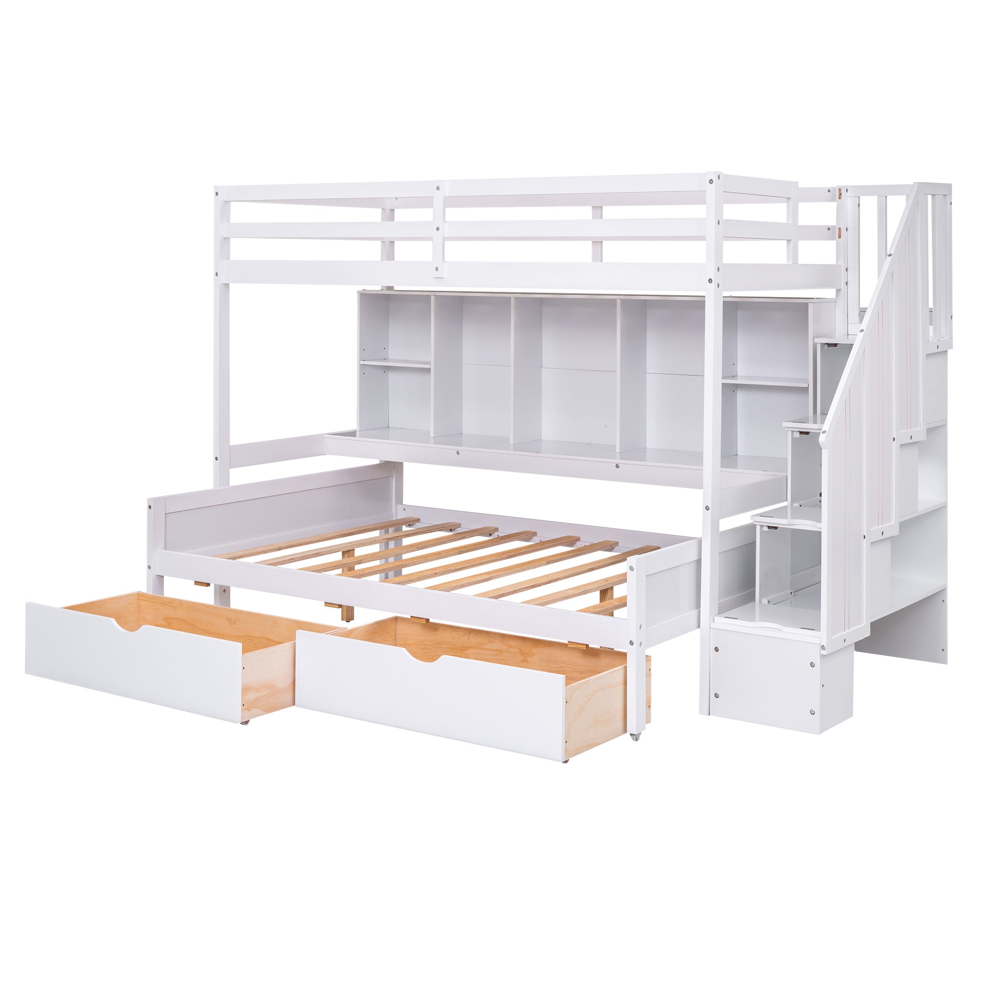 Twin XL over Full Bunk Bed with Built-in Storage Shelves, Drawers and Staircase,White - Atlantic Fine Furniture Melbourne FL