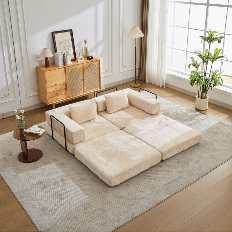 Convertible Floor Sofa Bed With Fixed Shape Frame, Loveseats Boneless Modular Sectional, For Living Room - Beige