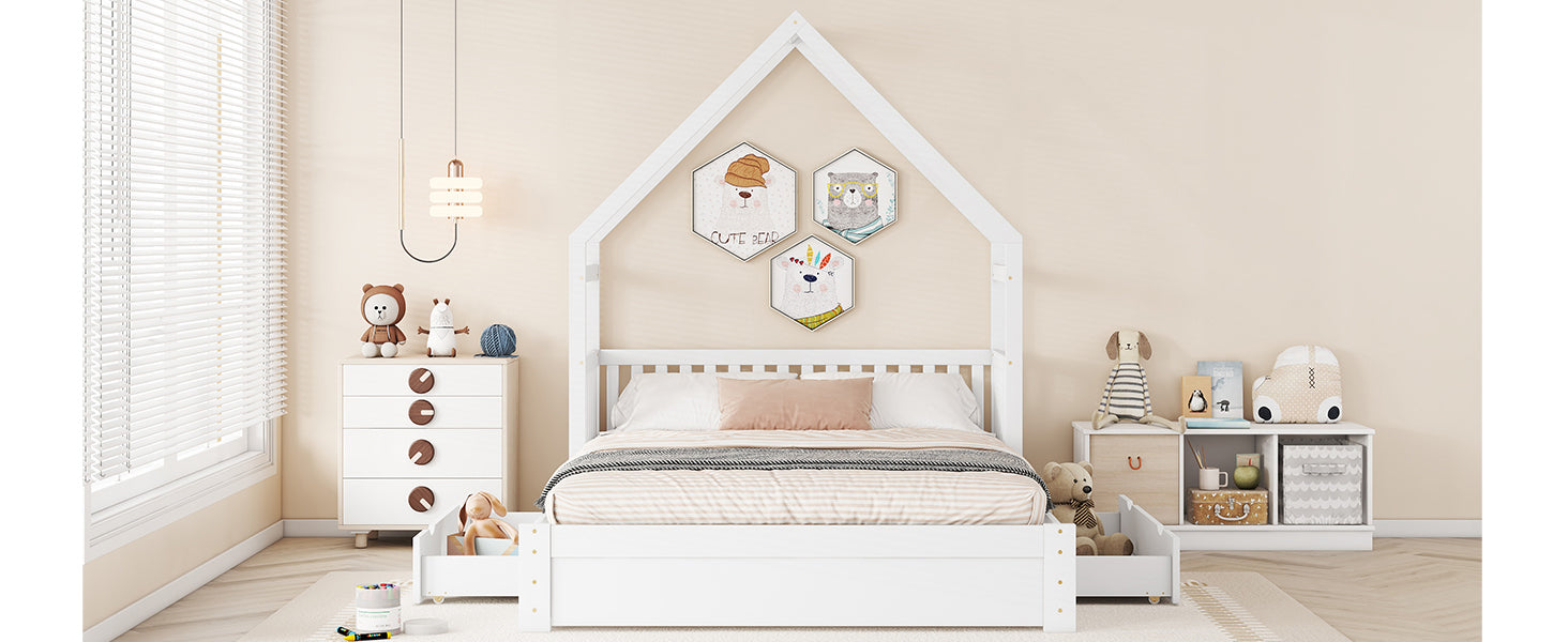 Wood Queen Size House Platform Bed with Guardrail and 2 Drawers, White (Expected Arrival Time:4.26) - Atlantic Fine Furniture Melbourne FL