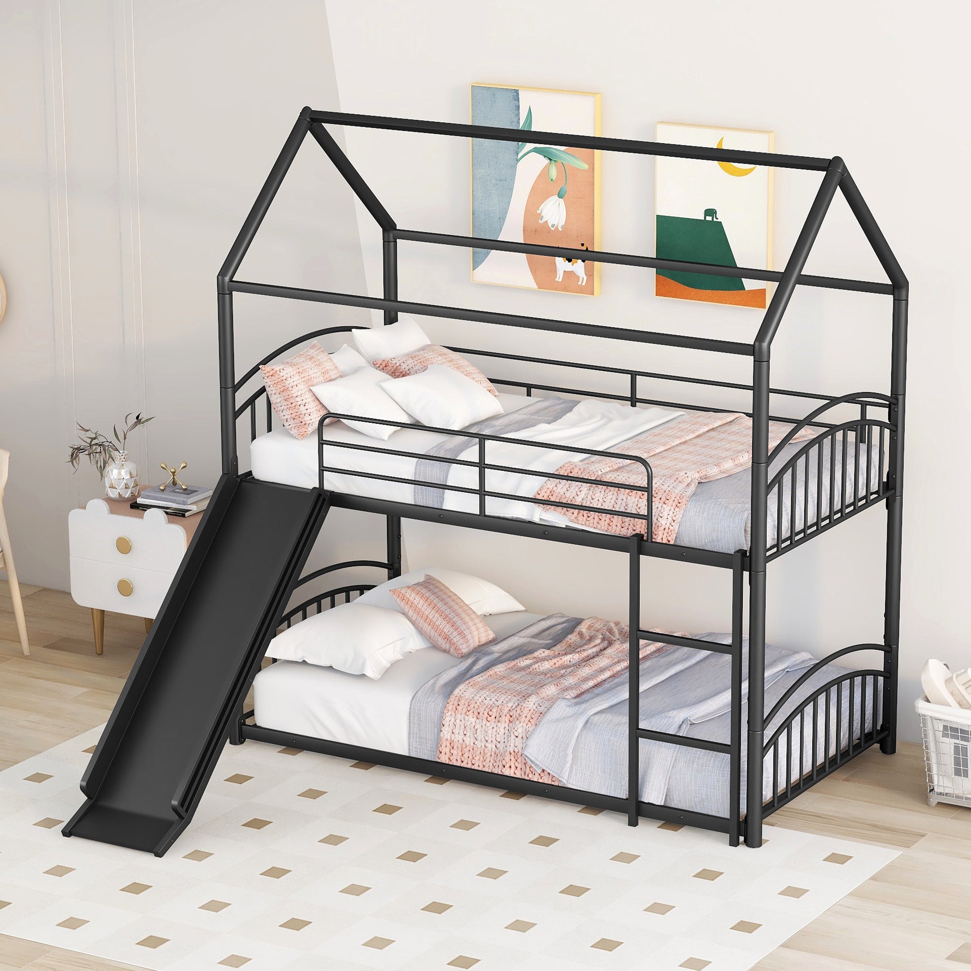 Twin Over Twin Metal Bunk Bed With Slide,Kids House Bed Black - Atlantic Fine Furniture Melbourne FL