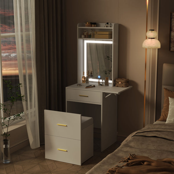 Small Vanity Desk With Mirror And Light, Dressing Table With Charging Station & Fold Up Panel For Small Space, Compact Makeup Vanity Set With Hidden Stool For Bedroom - White