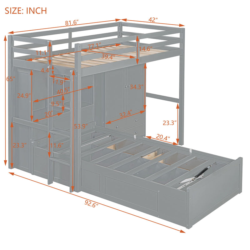 Bunk Bed With Drawers, Wardrobe, Storage Shelves And Hydraulic