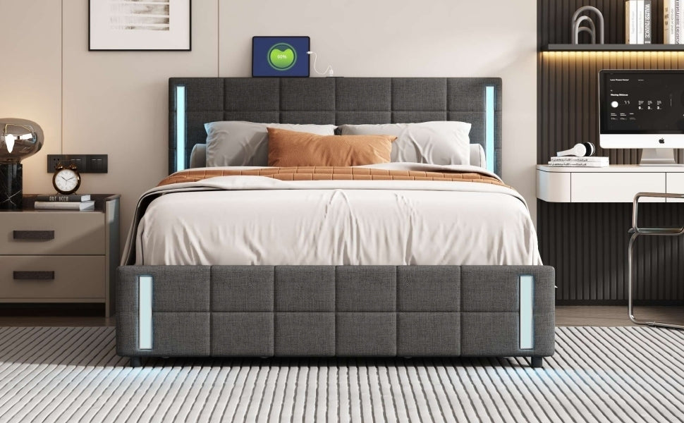 Queen Size Upholstered Platform Bed with LED Lights and USB Charging, Storage Bed with 4 Drawers, Gray(Linen) - Atlantic Fine Furniture Melbourne FL