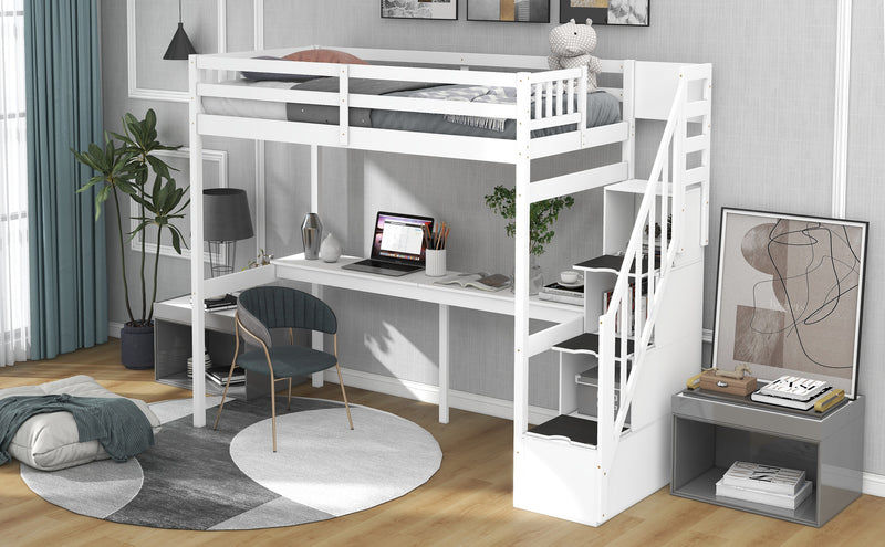 Twin Size Loft Bed with Storage Staircase and Built-in Desk, White (Old SKU:GX000903AAK)