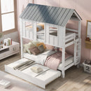 Twin Size House Bunk Bed With Trundle, Roof And Windows - White / Gray