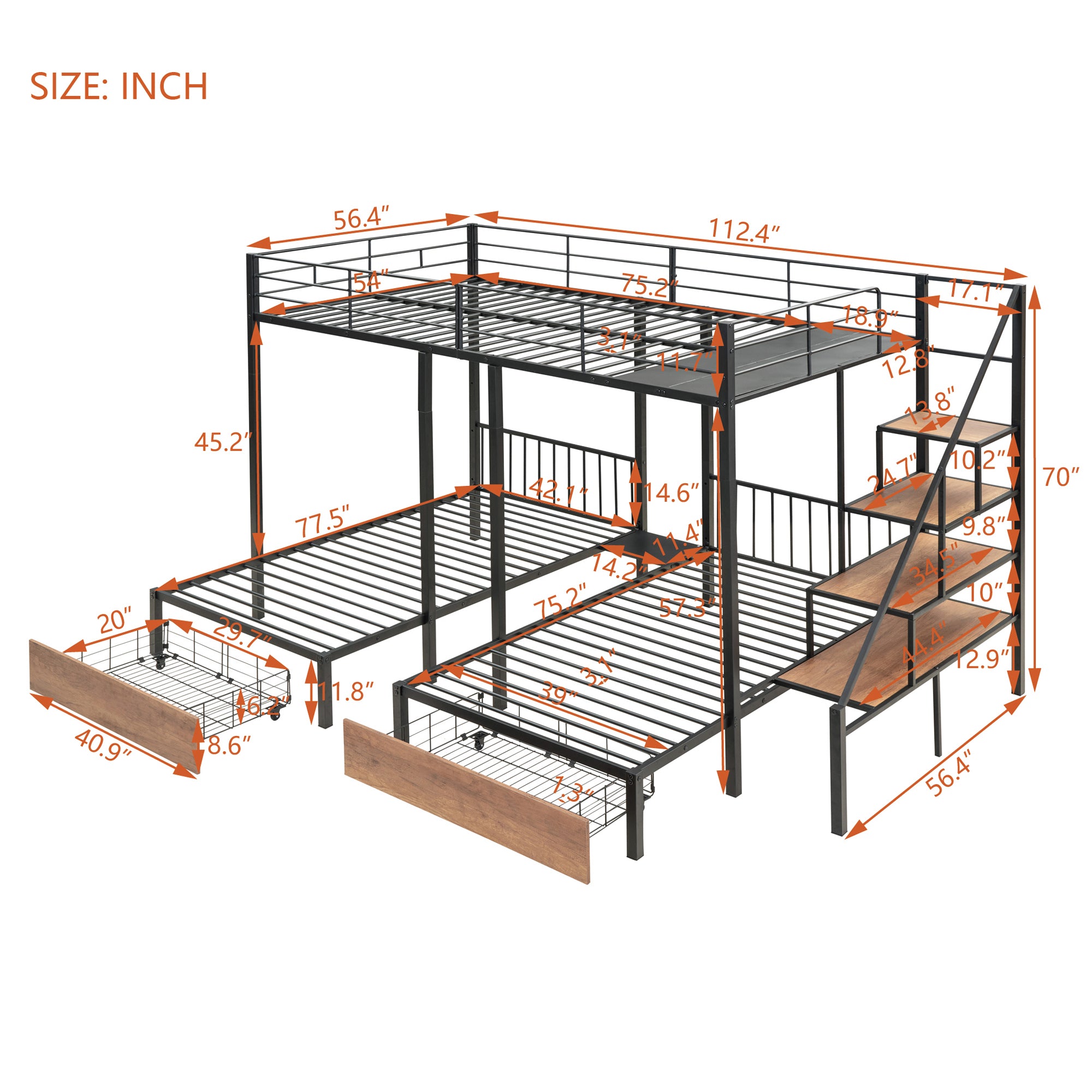 Full over Twin-Twin Triple bunk bed with drawers and staircase, Black - Atlantic Fine Furniture Melbourne FL