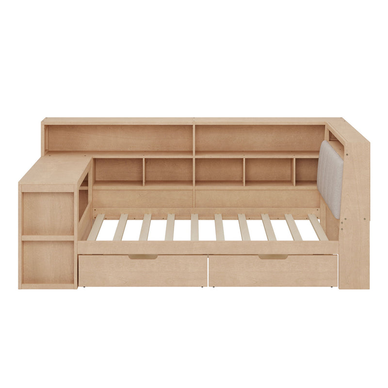 L Shaped Daybed With Desk, Bookcase, Upholstered Headboard, Drawers, And LED Light