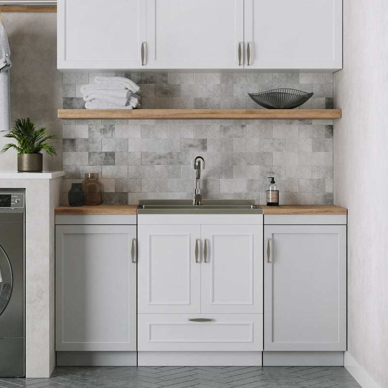 Laundry Cabinet With Faucet And Stainless Steel Sink - White