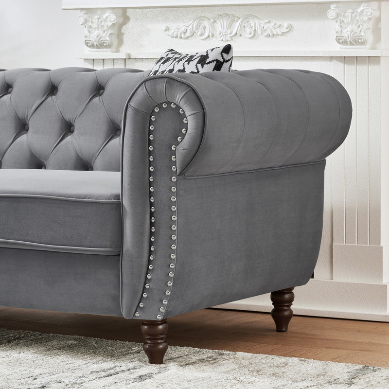 Chesterfield Velvet Upholstery Fabric Sofa With Roll Armrest & Nailhead, Mid Century Modern 3 And 3 Seater Couch