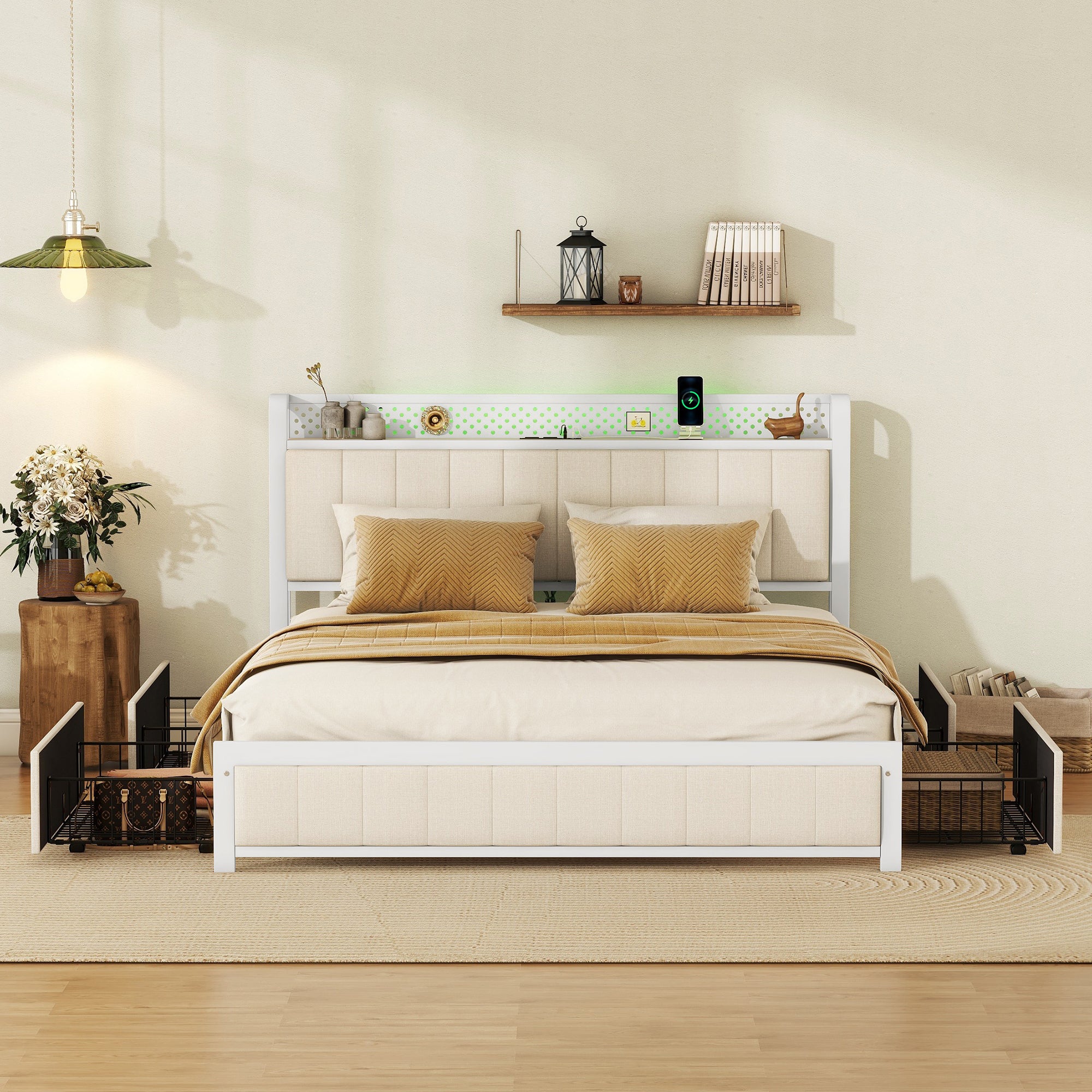 Queen Bed Frame with LED Headboard, Upholstered Bed with 4 Storage Drawers and USB Ports, Beige - Atlantic Fine Furniture Melbourne FL