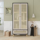 Tall Armoire Wardrobe Closet With 2 Rattan Doors & 1 Drawer, Boho Clothes Storage Cabinet With Hanging Rod For Bedroom - Natural / Black