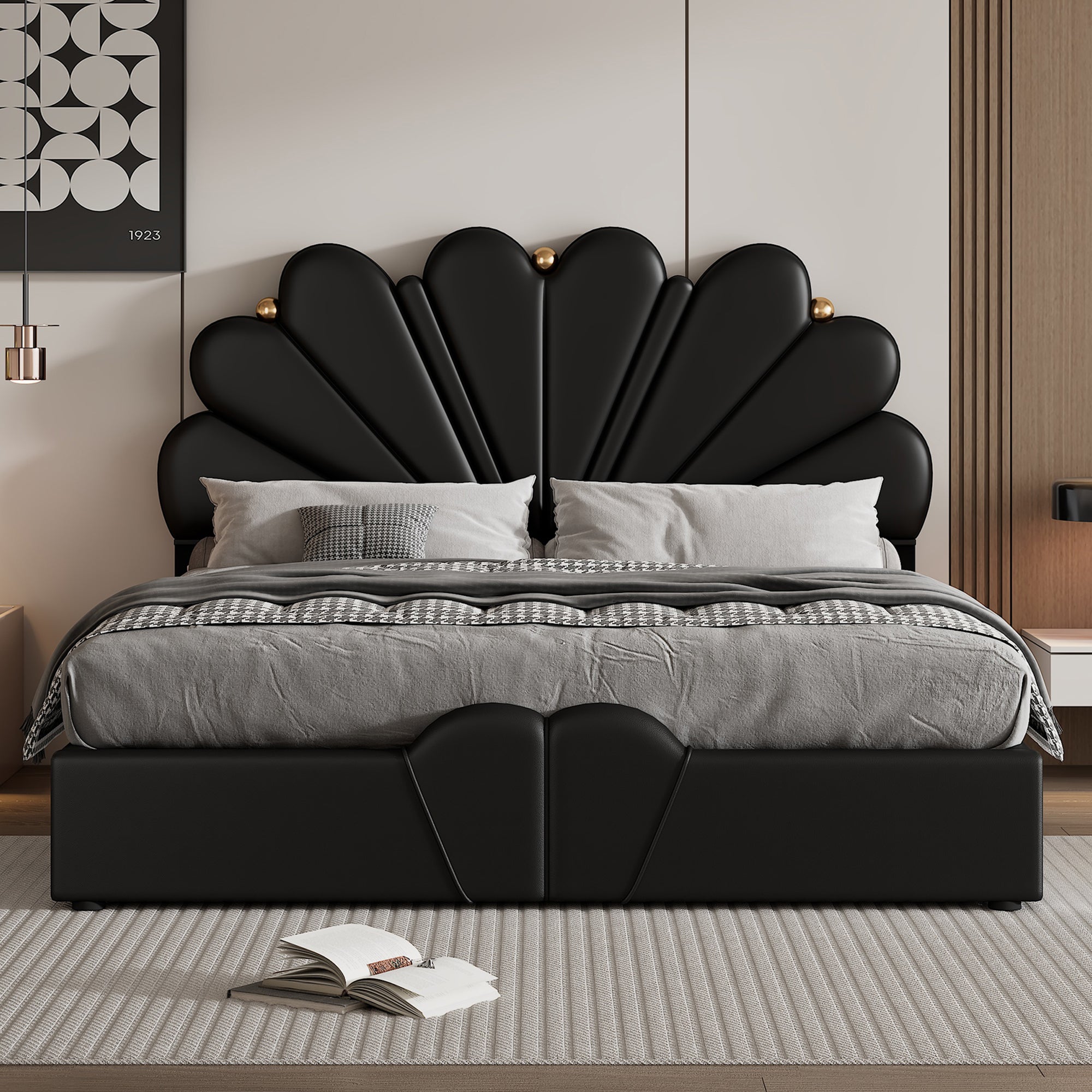 Queen Size Upholstered  Petal Shaped Platform Bed  with Hydraulic Storage System, PU Storage Bed, Decorated with metal balls, Black - Atlantic Fine Furniture Melbourne FL