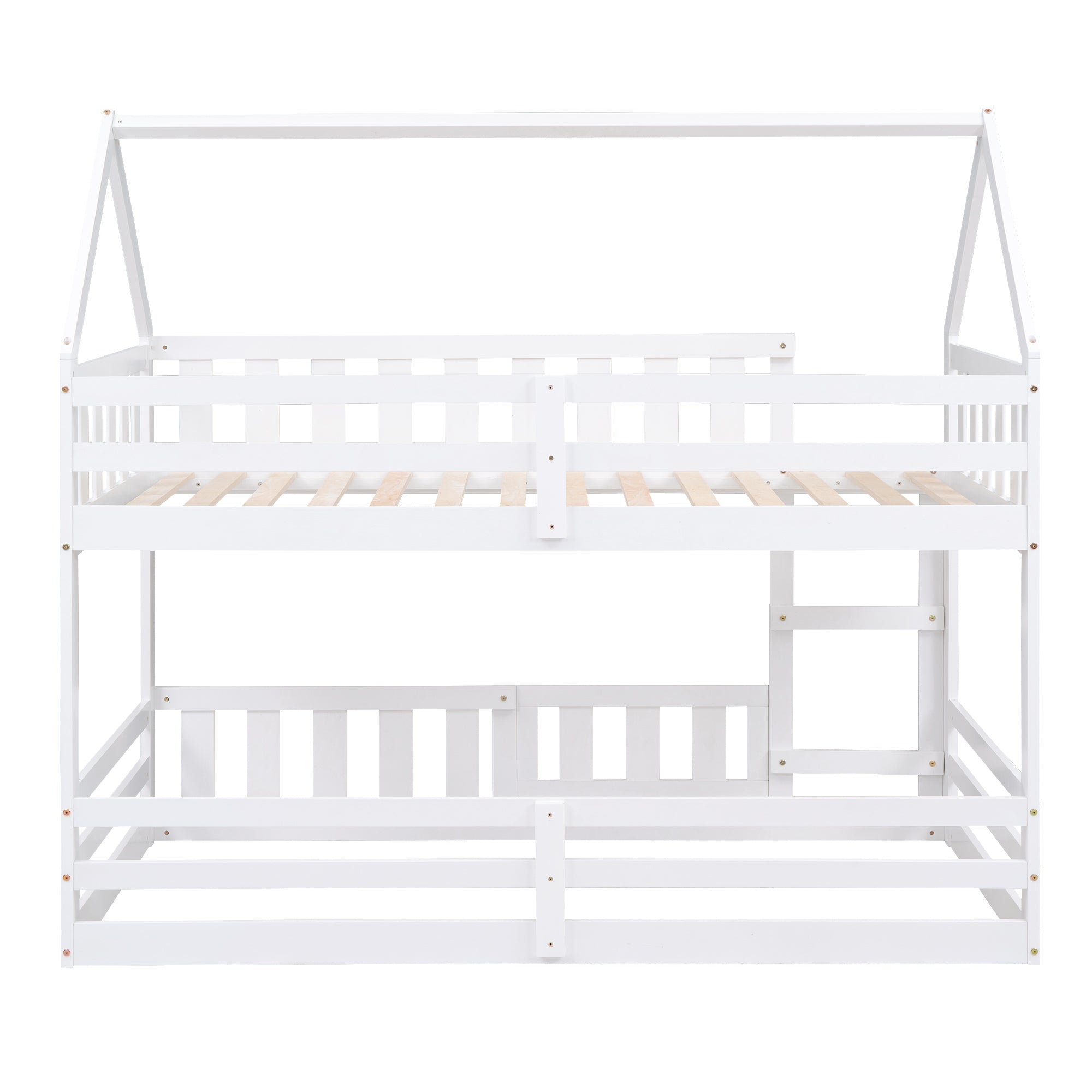 Twin over Twin House Bunk Bed with Fence and Door, White - Atlantic Fine Furniture Melbourne FL